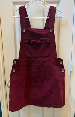 Burgundy Corduroy Pinafore Dress with Ruffle Pocket thumbnail 1