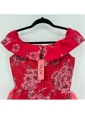 Chi Chi Red Dress Gray Floral Mini Skirt Midi Sheer Overlay Off Shoulder Size 4 thumbnail 3