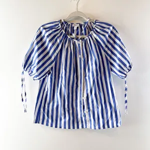 J. Crew Striped Button-Front Top with Tie Sleeves Brilliant Blue White Small thumbnail 3