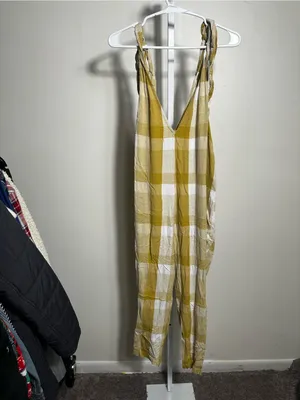 H26. Free People Mustard & White Plaid Tie-Shoulder Linen Jumpsuit thumbnail 5