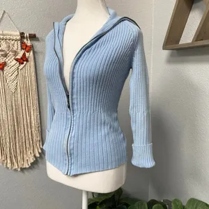 Y2k Light Blue Ribbed Zip Up Long Sleeve Sweater Winter Fall Grunge Alt thumbnail 3