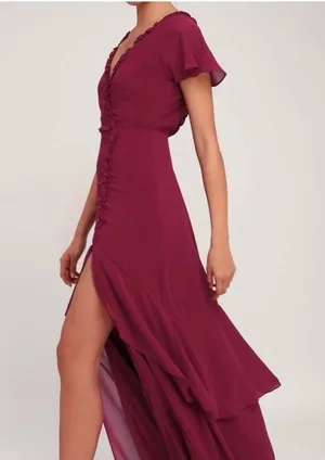 Lulu’s Pour the Champagne Burgundy Ruffled Backless Maxi dress thumbnail 10