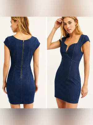 👗 Free People Denim Bodycon Mini Dress XS‎ Sweetheart Neck Zip Back 👗 thumbnail 2