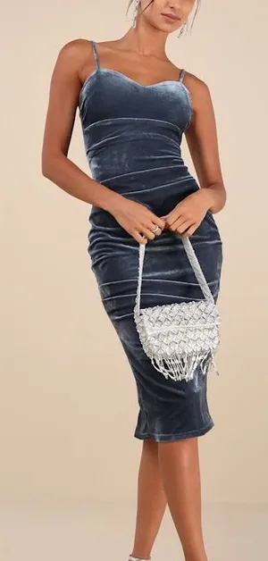 Lulus Plush Personality Slate Blue Velvet Ruched Bodycon Midi Dress Formal thumbnail 1