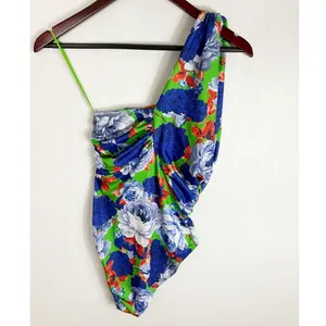 Zara Womens One Shoulder Bodysuit Floral Green Blue Small thumbnail 5