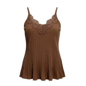 BiBi Brown Pleated Cami with Lace Trim Size XL thumbnail 2