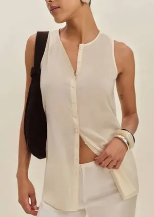 Reformation Floria Top Button-Front back tie Cream minimalist career classic 8 thumbnail 1