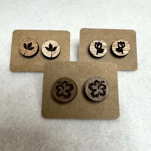 3 Pack Wooden Engraved Stud Earrings Brown thumbnail 1