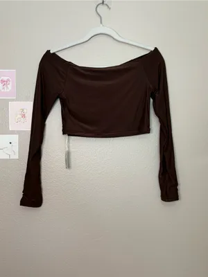 Aerie Smoothie’s Off Shoulder Long Sleeve Crop Top Chocolate Brown large boho thumbnail 4