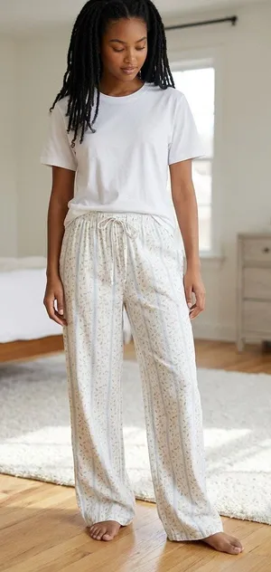 Cali 1850 Floral Stripe Wide Leg Linen Blend Pants M Pull on cottage core sweet thumbnail 1