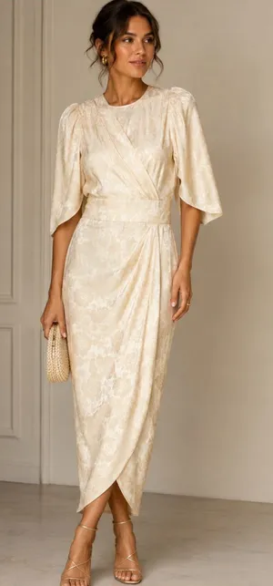 Ronny Kobo Cream Lace Midi Faux Wrap Satin Pencil Dress Size-Small Romantic Glam thumbnail 1