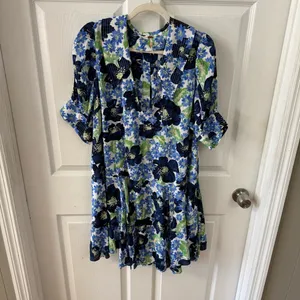 Free People Floral Mini Dress Blue Green Flowy‎ V Neck Size LG Moon Chaser thumbnail 10