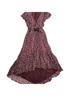 Abercrombie & Fitch Burgundy Floral Ruffle Hem Midi Dress thumbnail 5