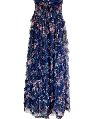 NWT Lulus Stunning Element Navy Floral Mesh Ruffled Strapless Maxi Dress - Small thumbnail 5