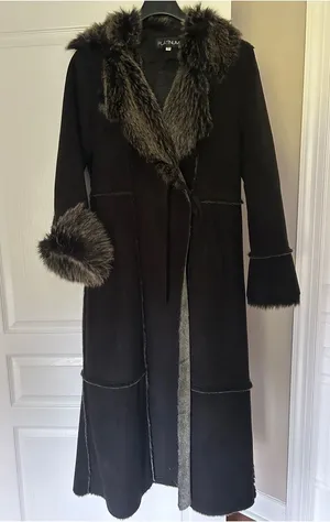 Vintage Platinum utex Black Faux-Fur Trim Long Trench Warm Coat Sz L thumbnail 1