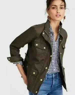 J. Crew Downtown Field Jacket Chore Coat Cotton Waxed Mossy Green Brown, Med thumbnail 1