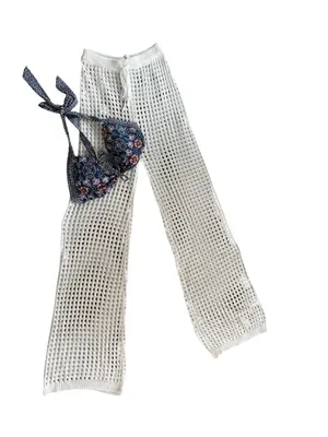 Boutique Full Length Crochet White Beach Swim Cover Pant Sz S Drawstring Knit thumbnail 2