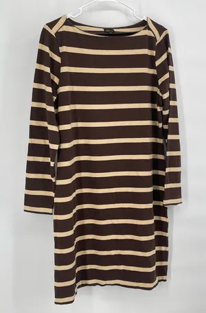 LL Bean Vintage Dress ‎ Brown Striped Long Sleeve Dress Casual Cotton Size 8 thumbnail 1