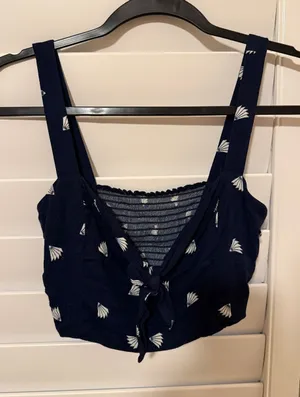 Reformation Navy Tie-Front Crop Top with White Fan Motif thumbnail 1