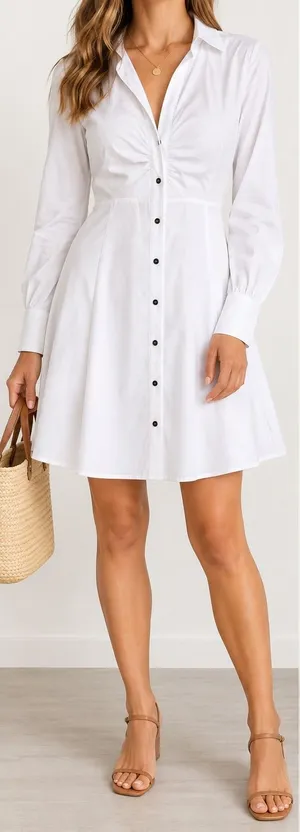 DR2 White Ruched Button Front Shirt Dress M NWT Cottagecore Minimalist thumbnail 1