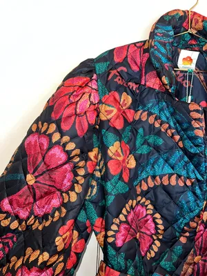 Farm Rio Black Floral Quilted Puffer Jacket XL NWT‎ Belted “Made in Brazil” thumbnail 4