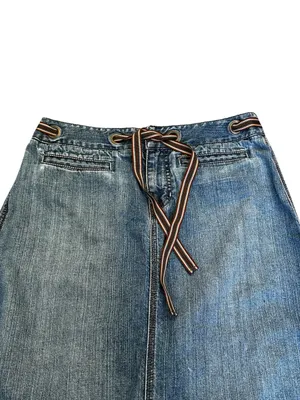 Vintage Y2K Denim Skirt Size 6 Low Rise Grommet Ribbon Belt Boho Streetwear thumbnail 2