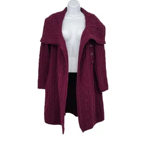 Aran Sweater Knit Merino Wool Burgundy Duster‎ Cardigan Sweater Size S Fisherman thumbnail 3