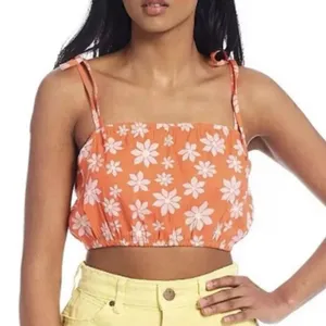 NWT orange Billabong X Wrangler Perfect Pair Tie Strap Floral Daisy Crop Top siz thumbnail 1