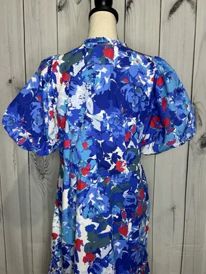 Sugarlips Floral Ginny Bubble Sleeve Midi Dress Sz M V-Neck Drawstring Waist thumbnail 9