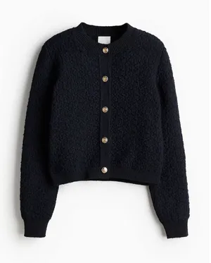 NWT H&M Textured Knit Cardigan Womens S Navy Blue Gold Crest Button Old‎ Money thumbnail 1