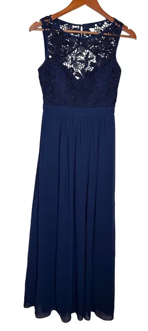 Lulus So Far Gown Navy Crochet Lace Open Back Chiffon Maxi Dress Sleeveless Sz M thumbnail 1