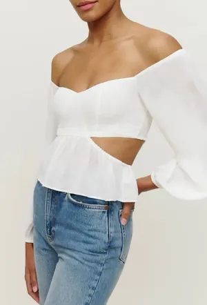 Reformation Laraine Ivory Off The Shoulder Cropped Blouse Women’s Size Medium 8 thumbnail 1