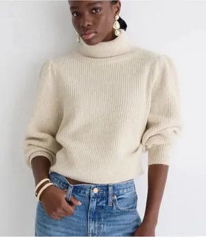 J. Crew Cream Cropped Puff Sleeve Turtleneck Sweater Wool Alpaca Size Medium thumbnail 1