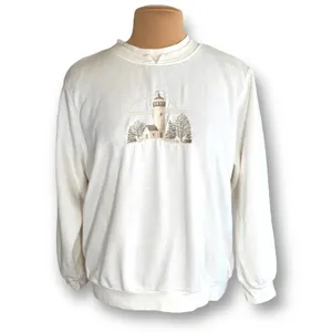 Vintage Cream Embroidered Lighthouse Sweatshirt Large Petite LP Cozy‎ Cottage thumbnail 11