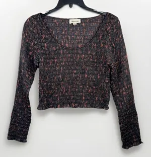 Open Edit Black Brown Ruche Smocked Long Sleeve Scoop Neck Crop Top Sz S thumbnail 1