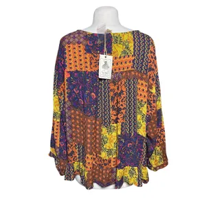 NWT EASEL Women’s Boho Tie Front Mixed Floral Paisley Print Top thumbnail 4