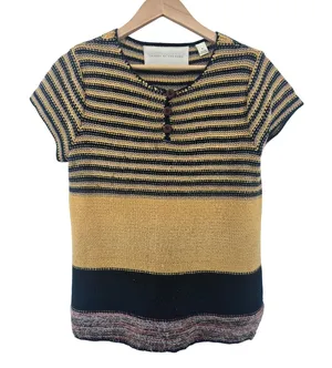 Change of‎ the Moon Sweater Top Womens Medium Yellow Black Striped Henley Knit thumbnail 1
