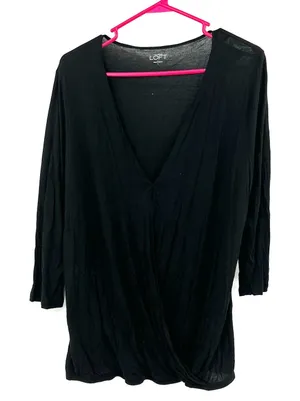 LOFT Size Large Blouse Black 3/4 Sleeve Faux Wrap‎ V Neck Lightweight Casual thumbnail 1
