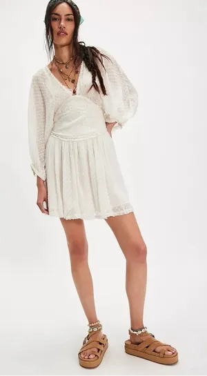 Free People Bohemian Ethereal Cottage Sweet Dreams Mini Dress in Tofu Medium thumbnail 1