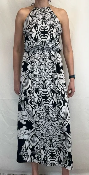 Million Bullpup Paisley Maxi Dress Halter Drop Waist Boho White Navy Small thumbnail 1