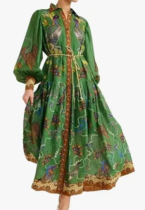 Women Dress A-Line Retro Printed Lantern Sleeve Long Dress with Belt small thumbnail 1