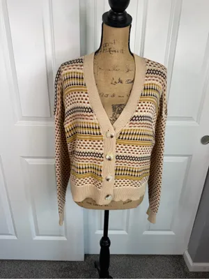 Blue Blush Sz M Fair Isle Geometric Button Front Cardigan 100% Cotton NWOT thumbnail 2