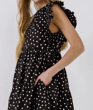 ENGLISH FACTORY Black Polka Dot Ruffle Mini Dress XS Babydoll Pockets NWT thumbnail 1