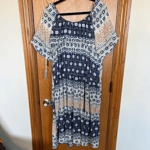 NWT DEX Maxi Dress 1X Navy Floral Boho Tiered‎ Puff Elastic Sleeves Flowy Spring thumbnail 3