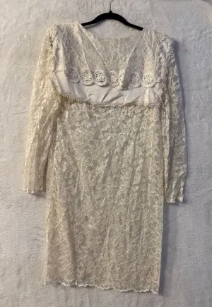 Vintage Ivory Floral Lace Mini Dress Oversized Sailor Collar Long Sleeve Cream thumbnail 1