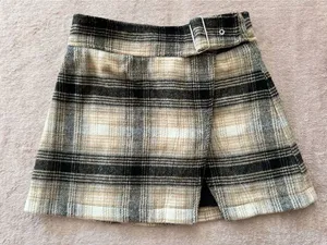 Free People Women's Ari Wrap Skirt Beige Black Plaid Mini‎ Belted Wool Size 2 thumbnail 1