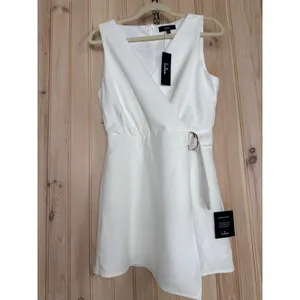 NWT Lulus Rooftop Bar White Sleeveless Faux-Wrap Belted Skort Romper Chic Size S thumbnail 2