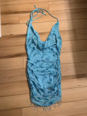 White Fox Barcelona Dreams Mini Beaded Dress Baby Blue thumbnail 4
