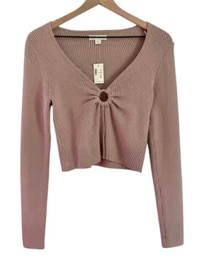 NWT Aeropostale Cropped Keyhole Front Deep V Neck Sweater Pink Tan Size Medium thumbnail 1