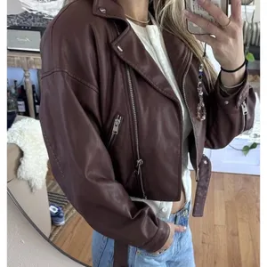 Lamarque Women's Mahogany Brown Dani Moto Jacket Large Cropped Belted Fall thumbnail 2
